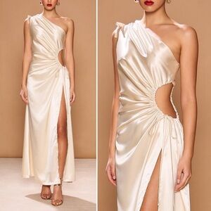 Sonya Moda Nour Ocean Pearl Dress Satin One Shoulder High Slit Cutout Party US 2